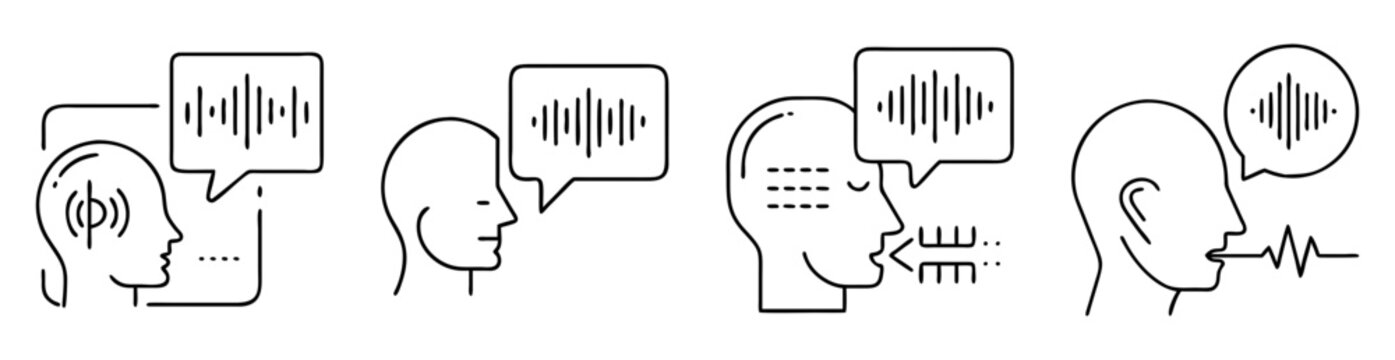 Human communication represented by line drawings showing sound waves and speech bubbles