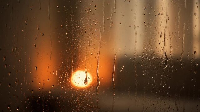 Raindrops on window with warm glowing sunset