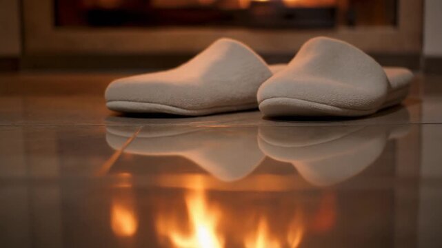 Cozy white slippers warming by a fireplace on a cold evening
