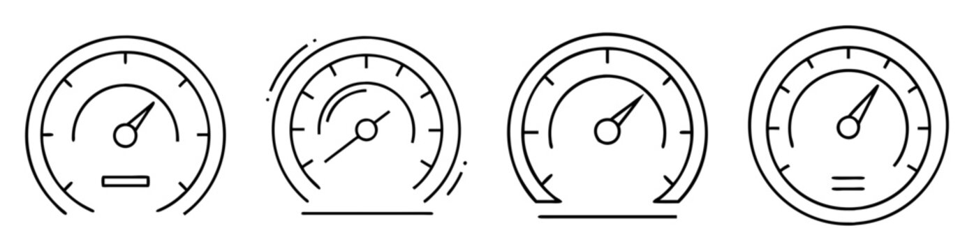 Set of four different outline speedometers or gauges on white background