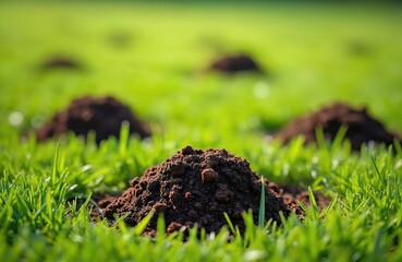 Fototapeta premium Fresh molehills on bright green grass indicate recent underground digging. Dark soil mounds are visible across a lawn, suggesting animal activity. A natural scene of disturbed ground on a field.