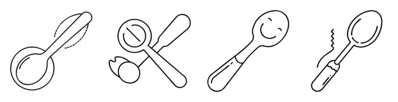 Line art illustration depicting a set of spoons in various designs