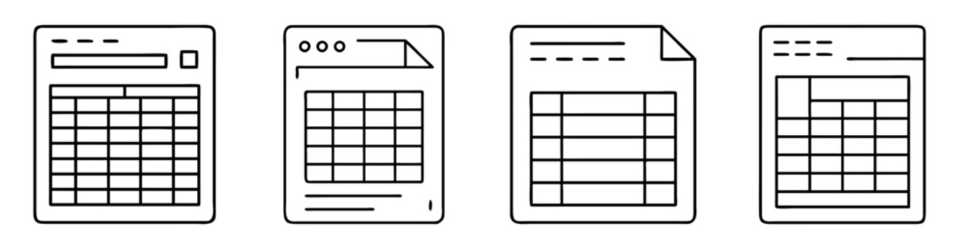 four different document icons with tables and notes areas in black lines