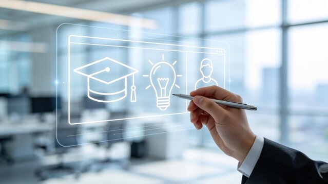 Hand drawing education icons with graduation cap and lightbulb on virtual screen,online learning innovation and student development concept