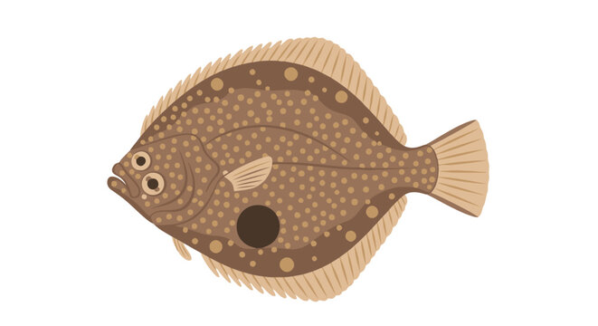 A brown flatfish with spots and fins swims in the ocean water.