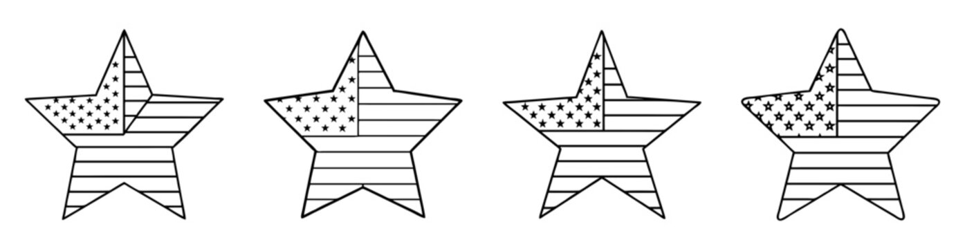 Four patriotic stars filled with the American flag pattern black and white
