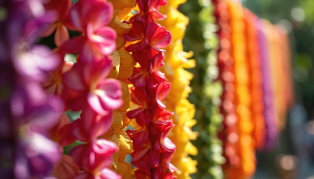 Colorful flower leis hang in rows creating a festive atmosphere. These floral necklaces are for a Hawaiian luau or celebration event. Bright blossoms signify summer and tropical beauty.