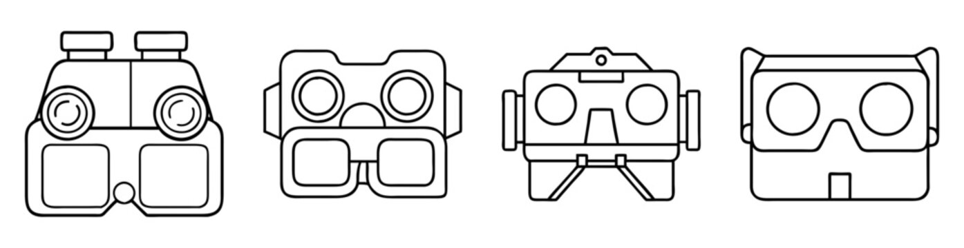 Four different stylized designs of virtual reality VR headsets in black outline