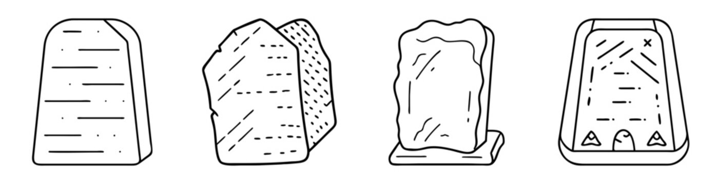 Black and white line art illustration of different monument types or tomb stones
