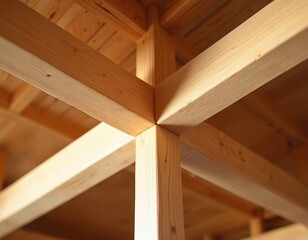Naklejka premium Natural wood beams form intricate joinery in traditional Japanese construction. Clean, smooth timber creates a warm, sturdy, and elegant structural framework for ancient buildings.