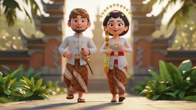 Animated Couple in Traditional Indonesian Attire Running Joyfully.