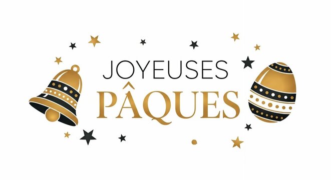 Joyeuses P&acirc;ques Easter Greeting with Decorative Eggs and Bell Minimal Design