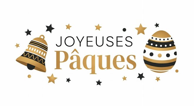 Joyeuses P&acirc;ques Easter Greeting with Decorative Eggs and Bell Minimal Design