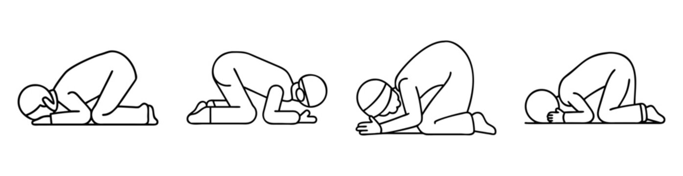 Four simple line drawings showing the Islamic prayer position of Sujud