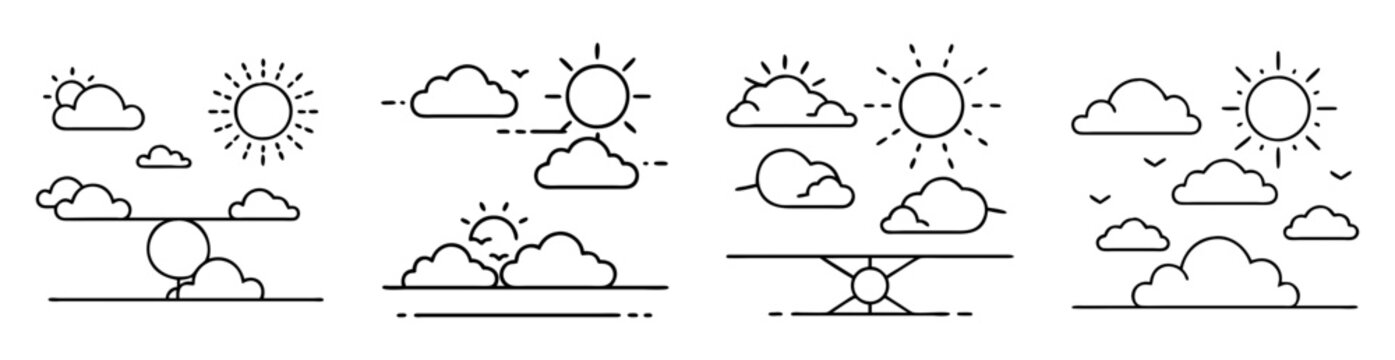 Illustration of different types of sky weather elements with clouds and sun