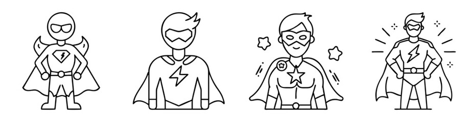 Obraz premium Set of outlined superhero icons in various poses with unique details