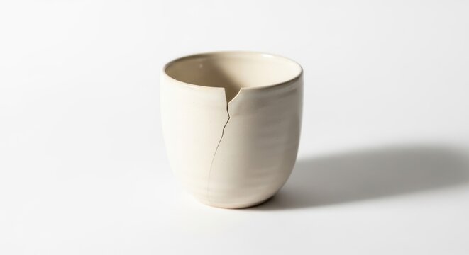 Broken White Ceramic Cup on White Background.