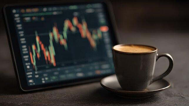 A cup of coffee sits on a saucer in front of a tablet displaying fluctuating stock market charts.