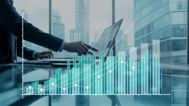 Business man working on computer as a steady rising graph appears, representing stable growth, financial performance, data analysis and balanced business development.