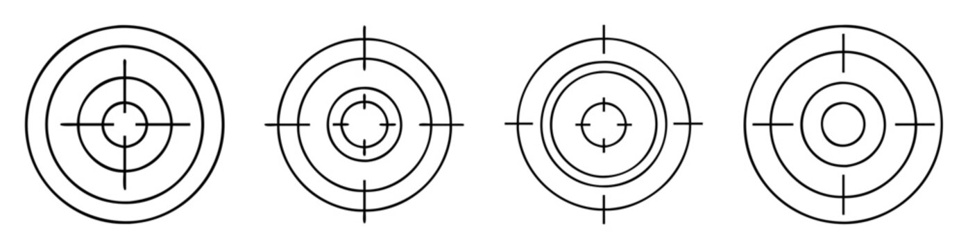Four similar targets in a row with increasing center ring diameter, vector image