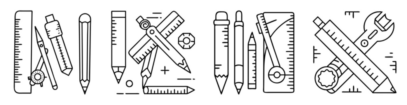 Illustrative line drawing depicting a variety of drafting, engineering, and crafting tools