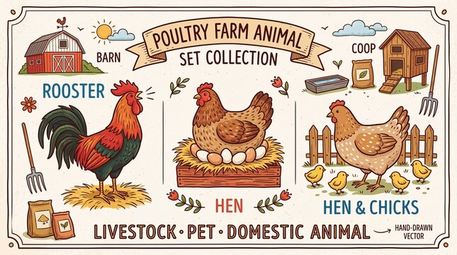 Poultry farm animals showcase rooster hen and chicks in a rustic barn setting