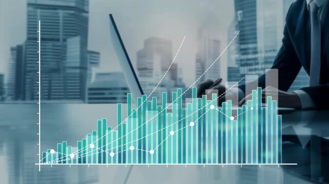 On-screen data visualization shows a gradually increasing chart while a professional works at a computer, illustrating consistent performance, business stability and long-term financial development.