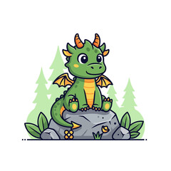 Obraz premium A cute, cartoon-style green dragon with orange accents sits on a rock in a forest clearing, surrounded by plants and small flowers.