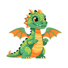 Obraz premium A cute, cartoon-style green dragon with orange wings and yellow belly, sitting and smiling.