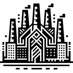 Fototapeta premium Industrial Metropolis in Monochrome: A striking, stylized monochrome illustration of an industrial cityscape, featuring towering smokestacks and intricate architectural details.
