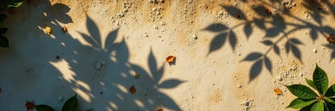 Intricate leaf shadows dance across a rough wall , organic, shadow effect