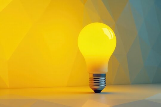 Polygonal incandescent lamp, vibrant yellow backdrop Ideal for startup/education websites , digital art, vibrant