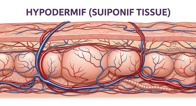 Cross-section of human hypodermis (subcutaneous tissue) showing adipose tissue lobules, blood vessels, and nerves.