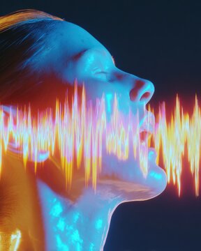 Woman with Digital Soundwave Patterns Overlaid on Profile for Audio Deepfake and Artificial Intelligence Backlash Concept Video or Tech Industry Promotion with Copy Space