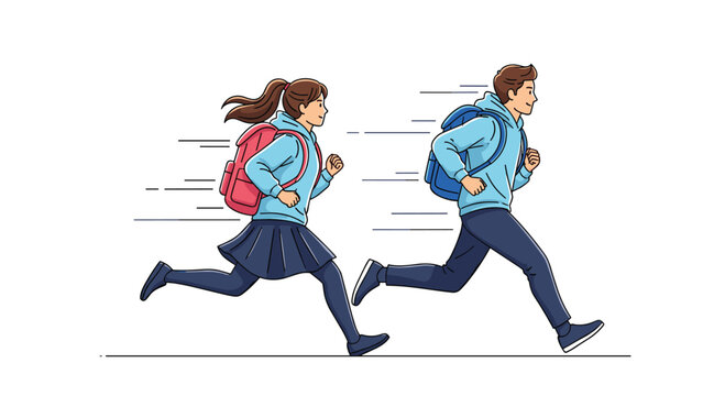 Energetic students wearing school uniforms and backpacks run quickly to arrive on time for their classes on a bright morning.