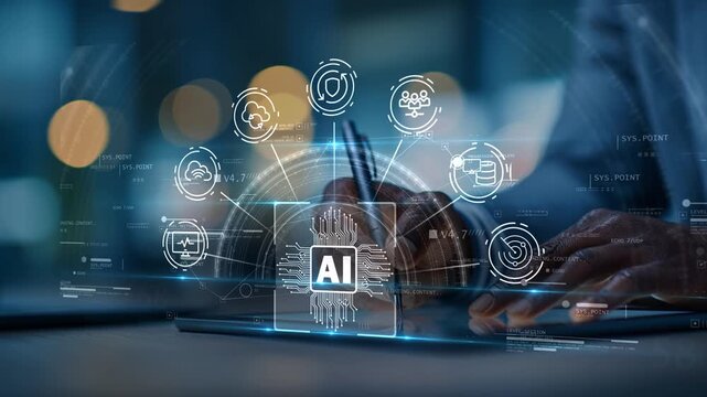 Black business man using tablet with artificial intelligence, cloud computing and cybersecurity icons, representing data protection, privacy, secure systems and digital transformation.