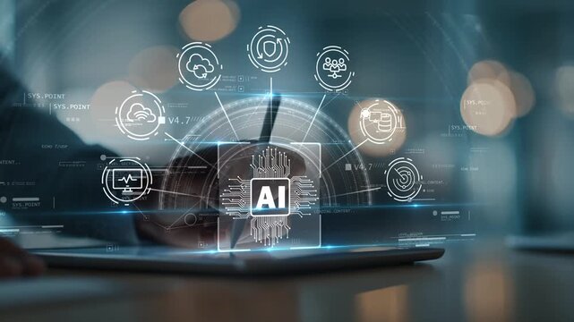 Digital cloud computing, AI and data network icons emerging from tablet in business environment, illustrating connectivity, data flow, online systems and modern digital workflow technology