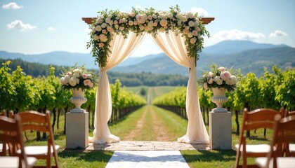 Naklejka premium Wedding arch decorated with flowers in vineyard setting. Draped fabric frames aisle leading through green vines under blue sky. Outdoor ceremony site.