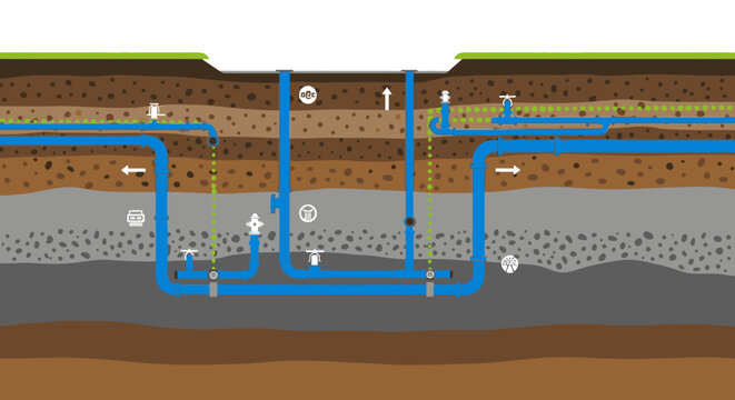 Cross-section illustrating underground utility pipes and water system for infrastructure development