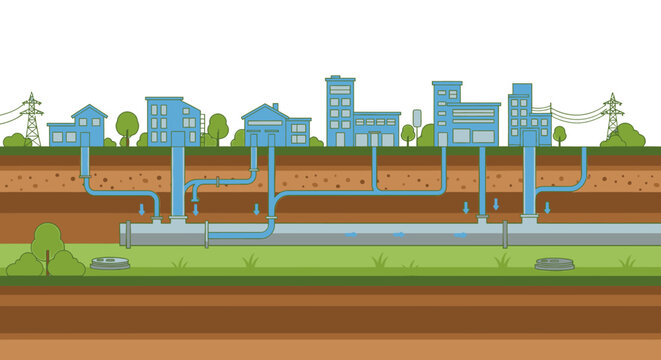 Water system infrastructure below a city with houses and industrial buildings