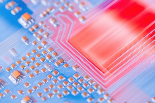 Macro Electronic Circuitry Hardware featuring bright pink motherboard surface and blue highlights for futuristic technology branding and hardware development themes