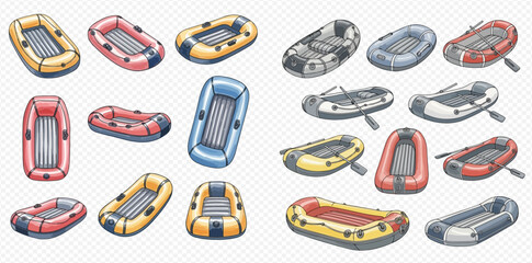Collection of colorful inflatable rubber boats for water sports and recreation, isolated on transparent background. © studio