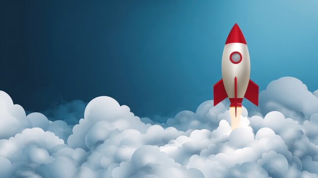 Cartoon rocket with red fins blasting off through clouds against a gradient blue sky