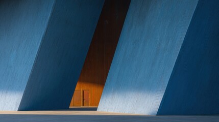 Obraz premium Abstract Brutalist Concrete Structure with Blue Facade Planes and Orange Rust Details in Gallery Interior Setting for Artistic Branding and Architectural Background