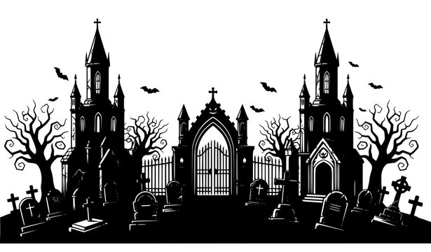 Gothic cemetery silhouette with medieval gate crypt and tombstones Halloween graveyard vector