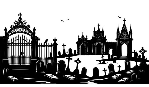 Detailed gothic cemetery silhouette with ornate gate crypt and tombstones spooky Halloween vector scene