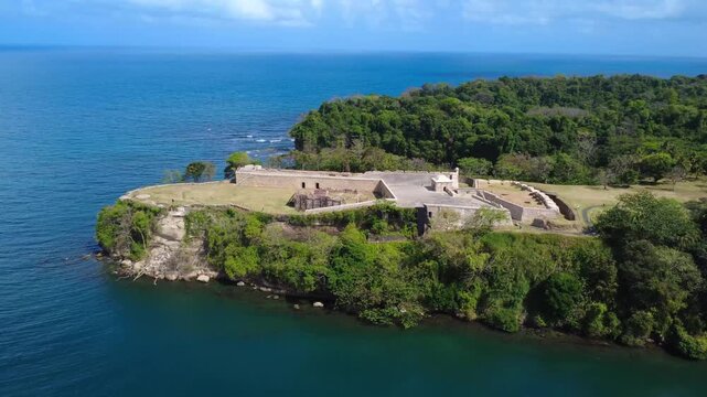 San Lorenzo Fort Ruins on Caribbean Cliff with Turquoise Waters, Colon Panama. Amazing combination of history and nature in the Panamanian coast.