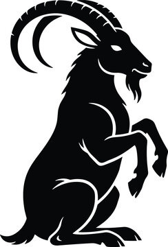 Black and white ibex goat silhouette vector illustration featuring a majestic wild mountain goat with long curved horns standing isolated on white background