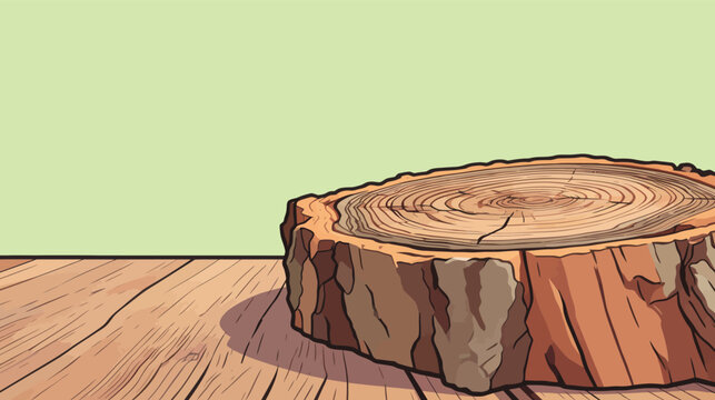 Wooden log slice placed on a wooden table with a light green background inside a room
