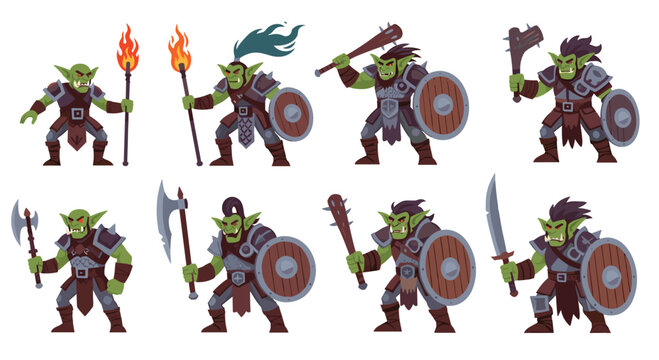 Set of eight green orc or goblin warrior sprites armed with swords, axes, and shields in a retro pixel art style.